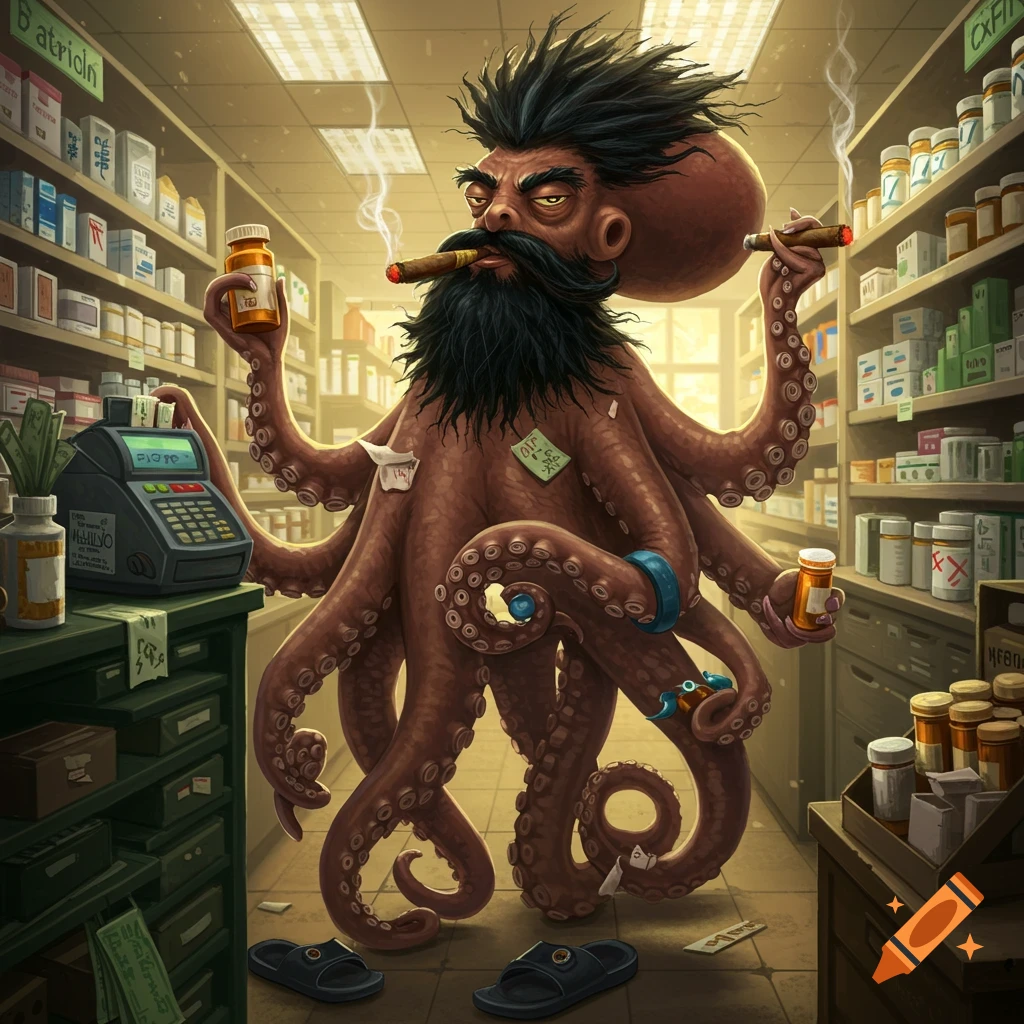 A cartoonish, bearded octopus with black hair, smoking a cigar, stands in a brightly lit pharmacy holding medicine bottles. He wears blue bangles and black slippers.