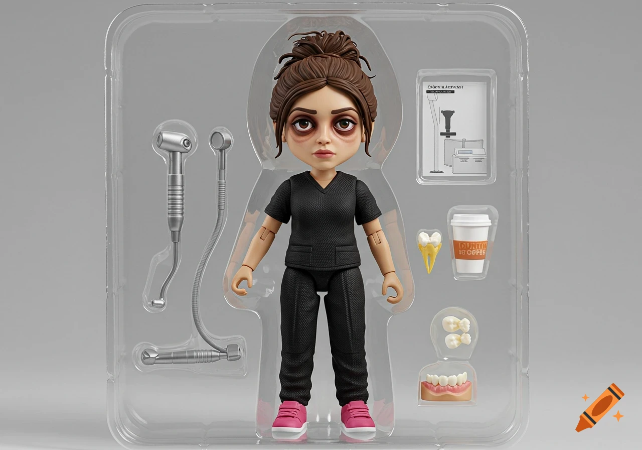 A plastic action figure of a burnt-out dental assistant in black scrubs with pink shoes, inside clear toy packaging, surrounded by dental tools, a coffee cup, and model teeth. Photorealistic style.