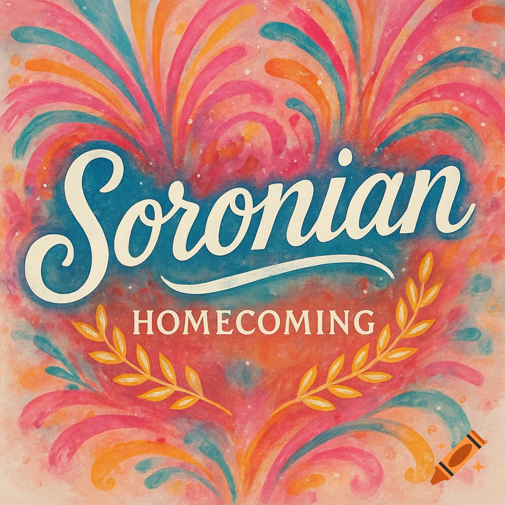 Vibrant watercolor poster with 'Soronian Homecoming' text in blue and gold, surrounded by colorful abstract swirls and leaf branches.