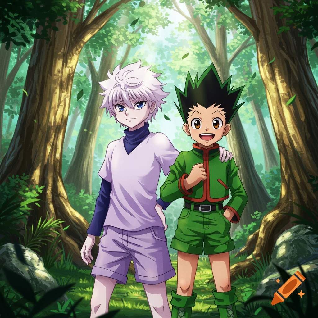 Two anime boys, Killua Zoldyck and Gon Freecss, stand smiling in a vibrant forest, sunlight filtering through the trees.