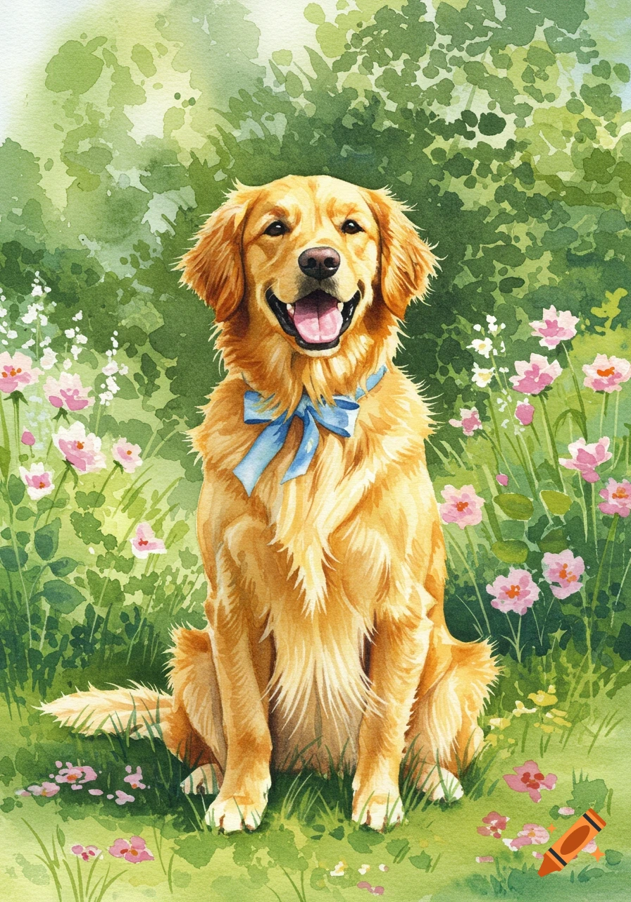A smiling golden retriever wearing a blue bow sits in a grassy field with pink flowers, painted in watercolor style.