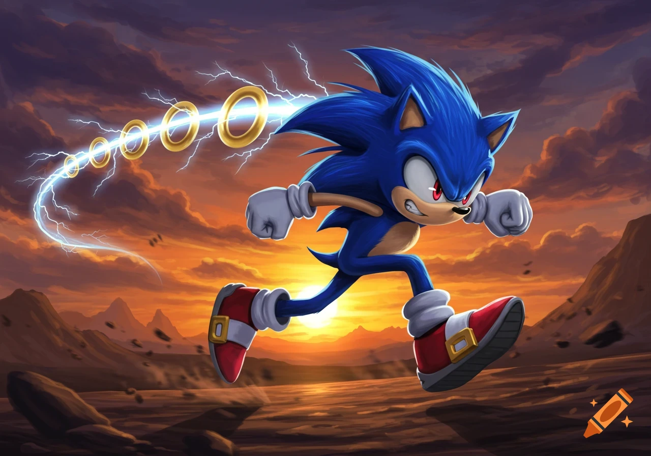 Sonic the Hedgehog runs powerfully across a desert landscape at sunset, leaving a trail of electricity and golden rings.
