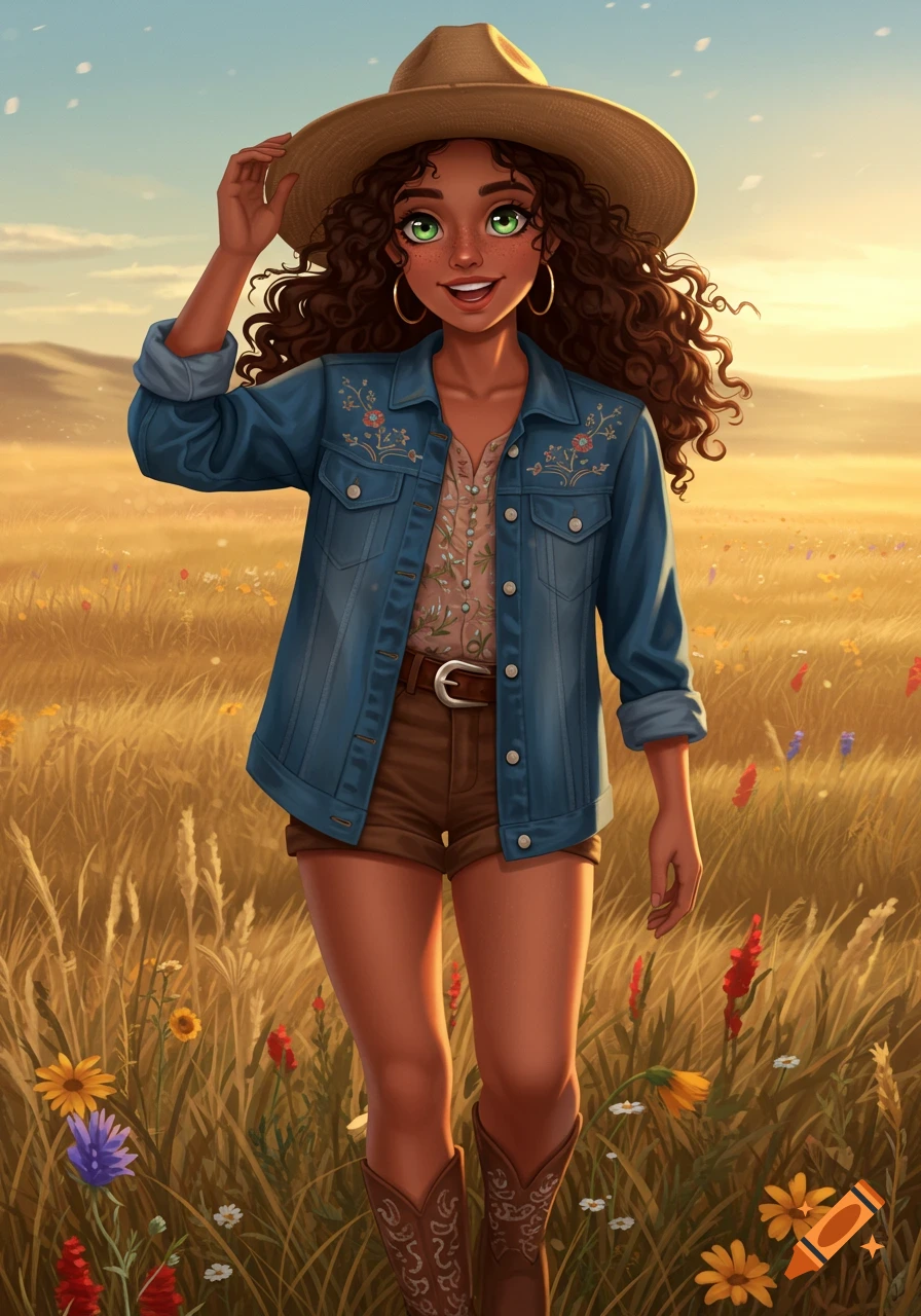A smiling young woman with curly brown hair, green eyes, and a cowboy hat walks through a sunlit field of wildflowers. She wears a denim jacket, brown shorts, and cowboy boots.