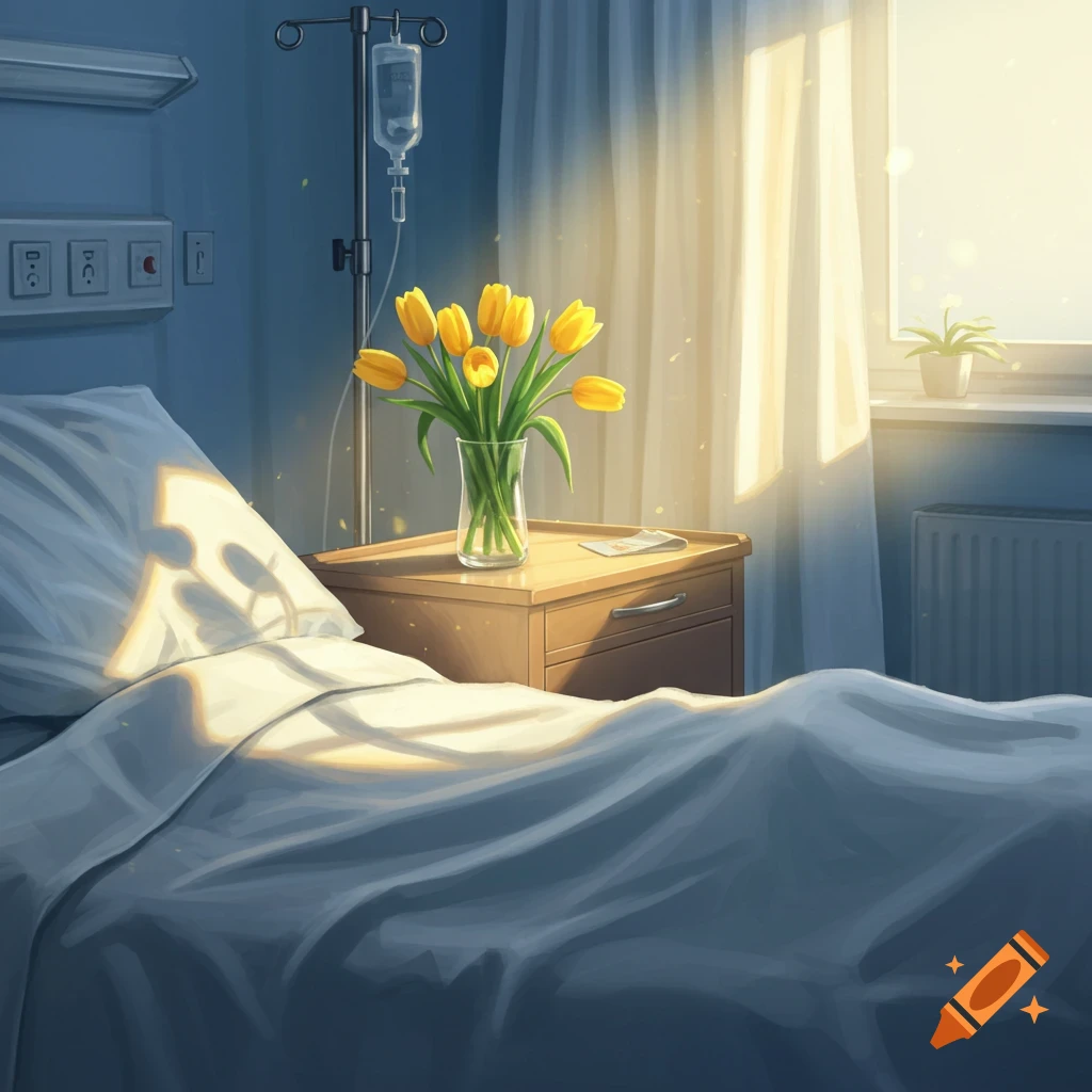 Anime-style hospital room with an empty bed, a vase of yellow tulips on a nightstand, and an IV pole, bathed in warm sunlight.