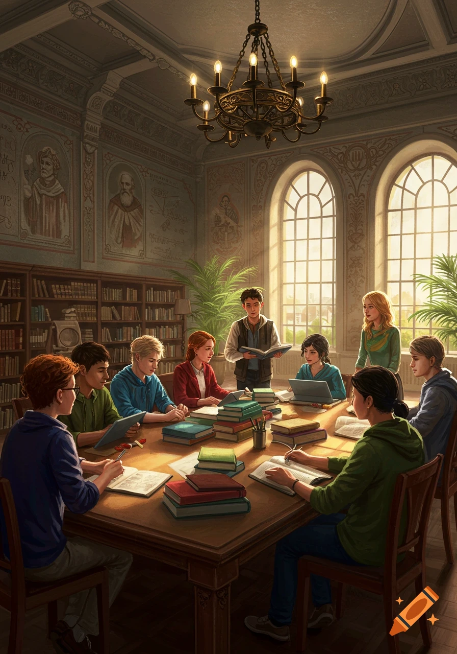 A group of diverse students are studying and discussing around a large wooden table in a grand library or study room with large arched windows and a chandelier.