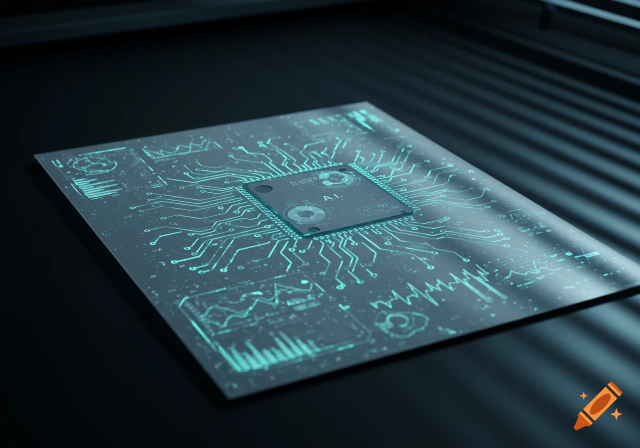 A glowing, translucent sheet of paper designed as a futuristic AI computer chip with circuits and data visuals.