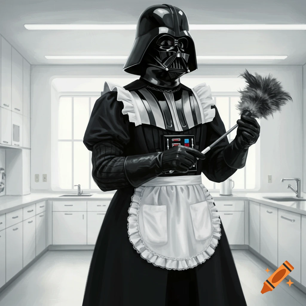 Darth Vader in a maid uniform, holding a feather duster in a modern kitchen, depicted in a detailed illustration style.