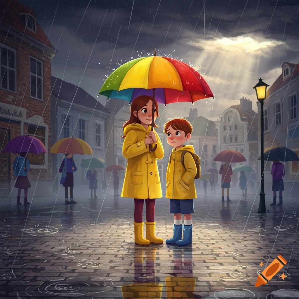 An illustration of a girl in a yellow raincoat holding a rainbow umbrella over a boy in a yellow raincoat on a rainy cobblestone street.
