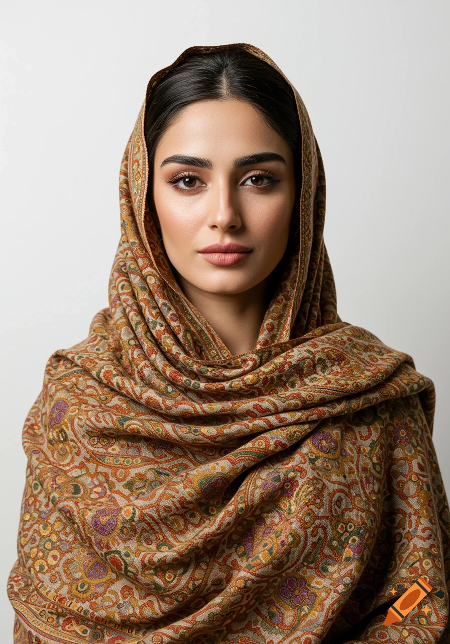 Photorealistic portrait of a young woman in a richly patterned, brown and orange headscarf against a white background.