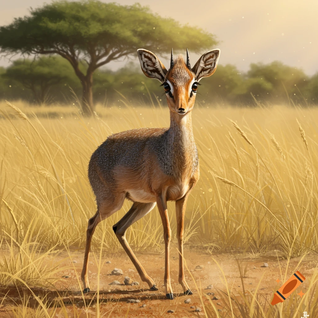 A small dik-dik with large eyes stands in golden savanna grass under a sunny sky.