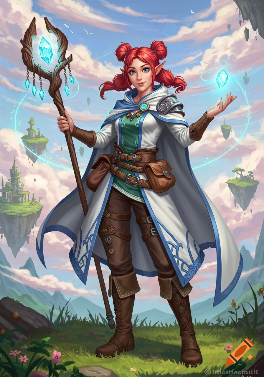 Anime-style illustration of a red-haired elf mage in a white and blue cloak, holding a glowing crystal staff, with floating islands.
