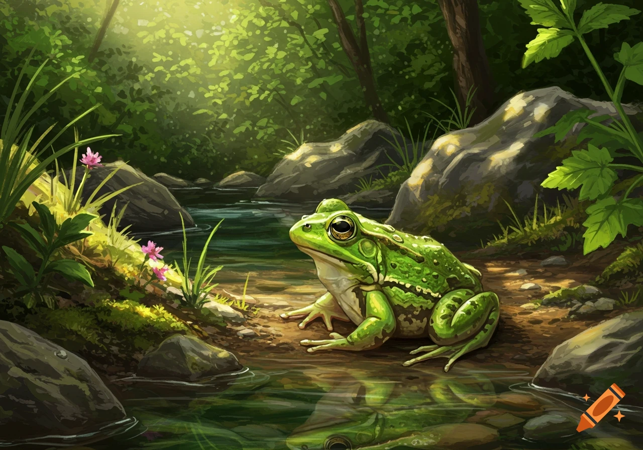 A bright green frog sits by a clear stream in a sun-dappled forest, rendered in an illustrative style.