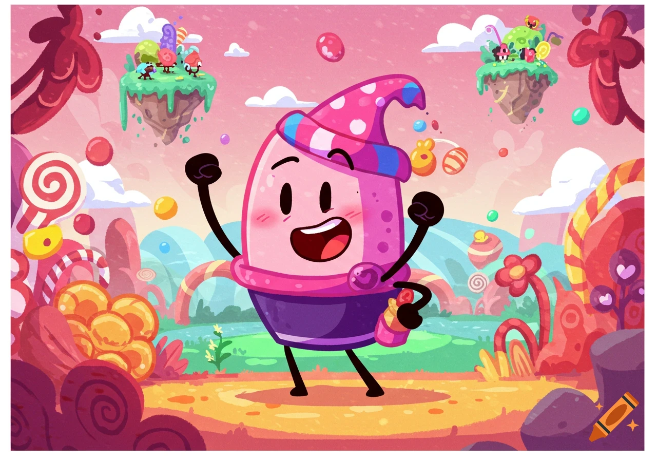 A cheerful pink egg-shaped character in a polka-dot hat stands in a vibrant cartoon candy land with lollipops and floating islands.