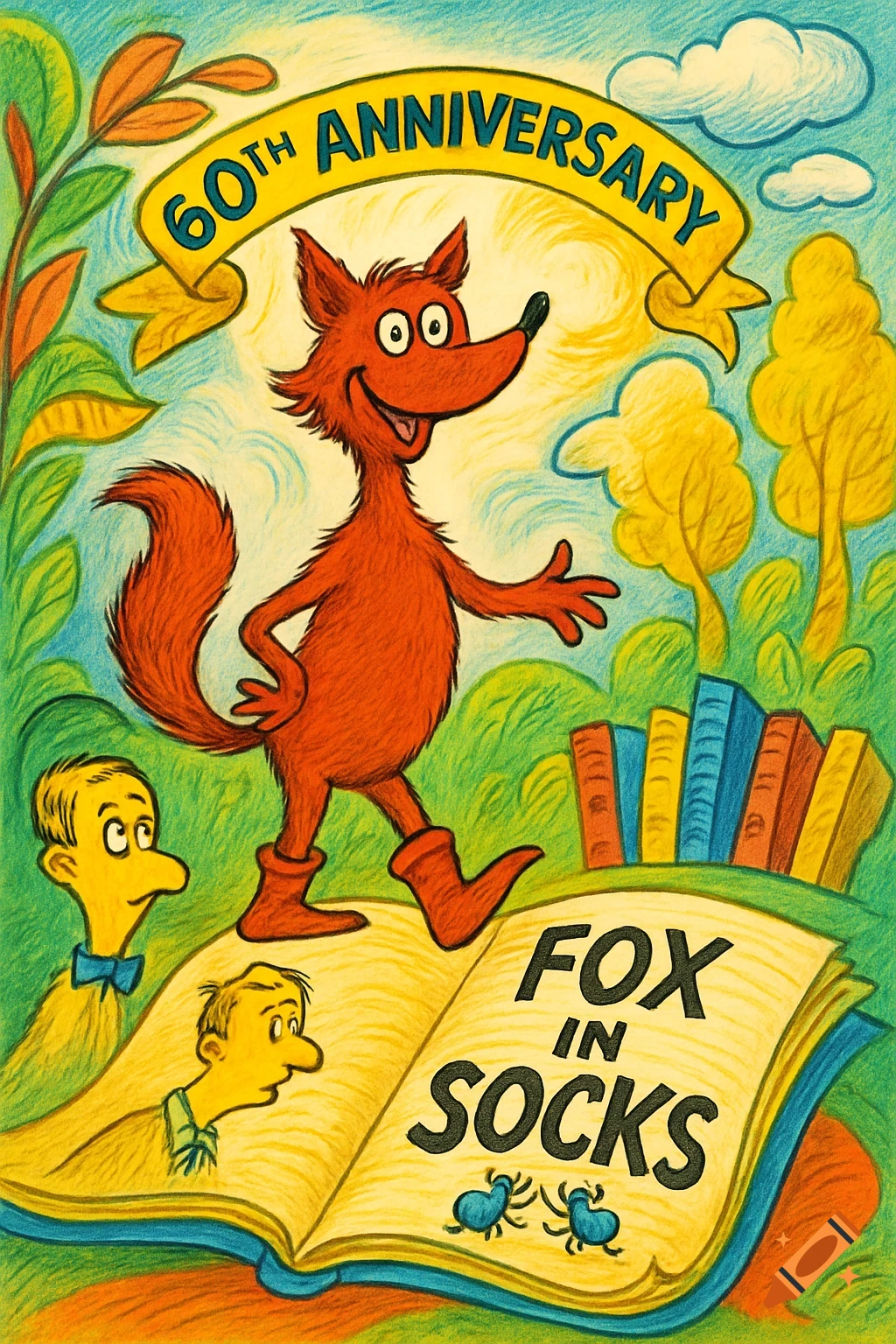A whimsical Dr. Seuss-style illustration of a tall red fox in boots walking across an open book that reads 'FOX IN SOCKS'. Two small men look on from the left, and a banner above the fox says '60TH ANNIVERSARY'. The background is a colorful, stylized landscape.