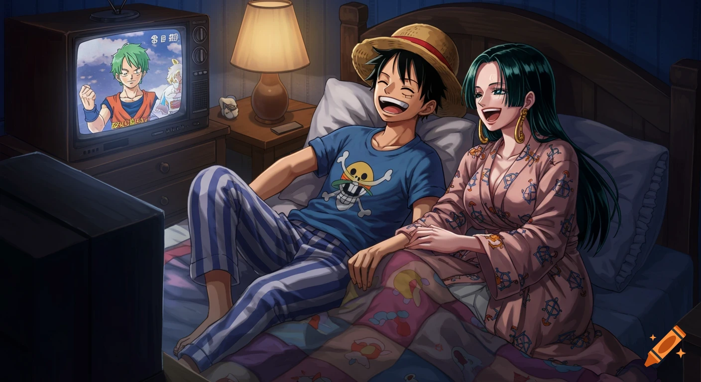 Luffy and Hancock from One Piece cuddle in bed in pajamas, laughing while watching Dragon Ball on an old TV.