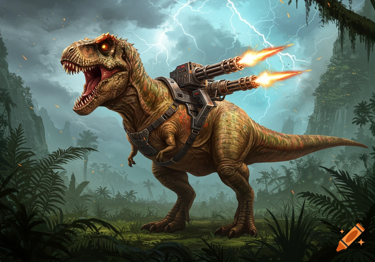A ferocious T-Rex with glowing eyes and two miniguns on its back stands in a stormy jungle with lightning, in a fantasy art style.