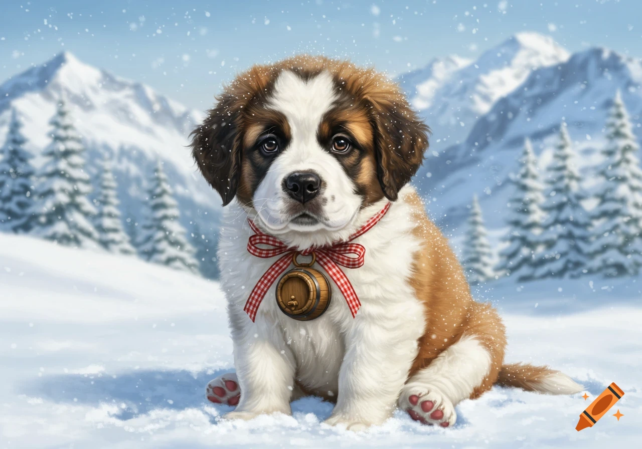 Fluffy St. Bernard puppy with a barrel on a red ribbon, sitting in falling snow with mountains and pine trees in the background.