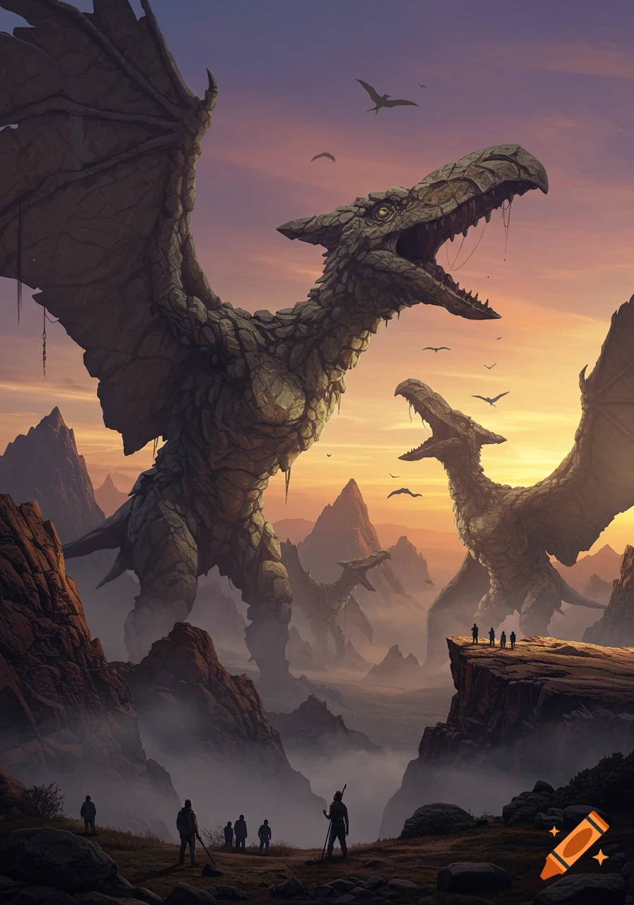 Giant rock pterodactyls loom over a misty, mountainous valley at sunset, with small human figures observing from a cliff.