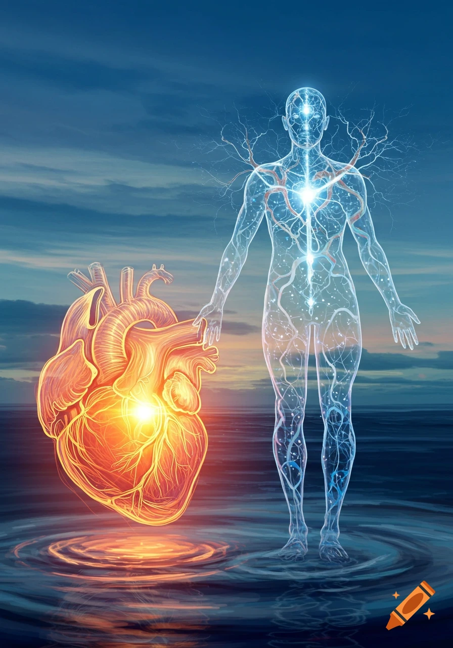A glowing anatomical heart floats next to a translucent, ethereal human figure with internal light, over water at sunset.