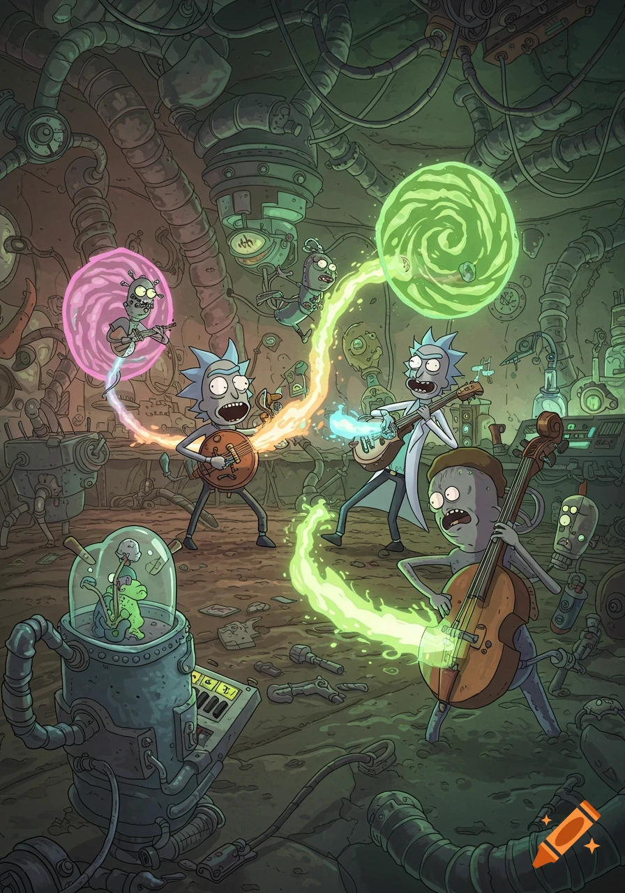 Rick, Meeseeks, and Gearheads play glowing magical instruments in a chaotic, wire-filled Rick and Morty lab, in a vibrant cartoon style.