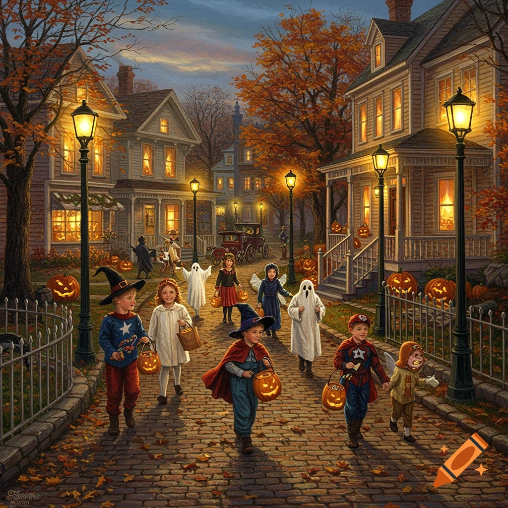 Vintage oil painting of children trick-or-treating on a cobbled street lined with houses and autumn trees at dusk.
