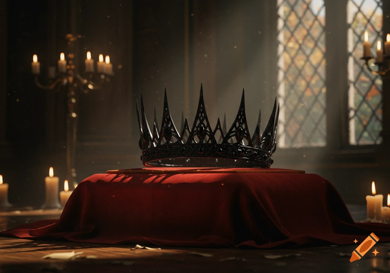 A photorealistic black crown rests on a red cushion in a dimly lit room, surrounded by lit candles and sunlight streaming through a window.