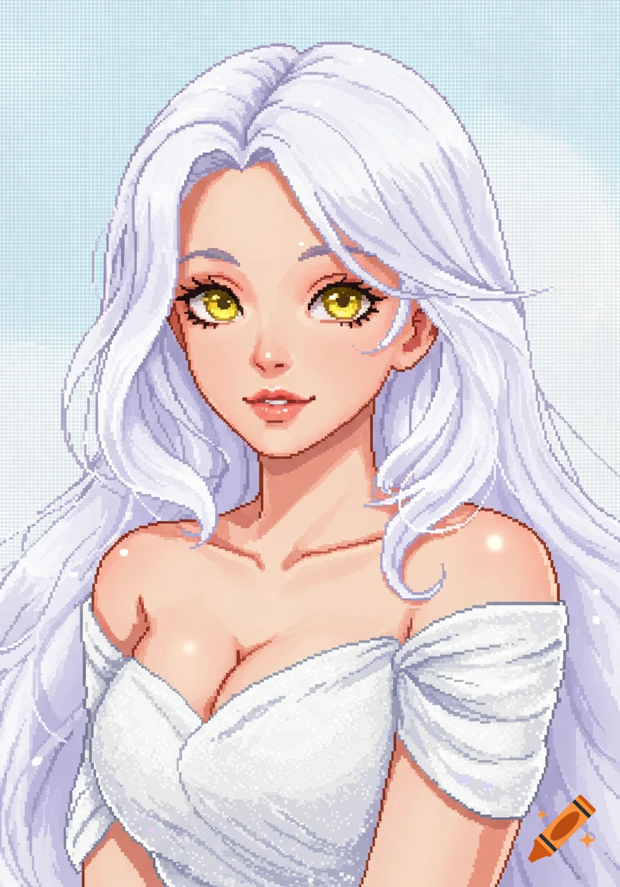 Pixel art portrait of a woman with long white hair and bright yellow eyes, wearing an off-the-shoulder white dress.