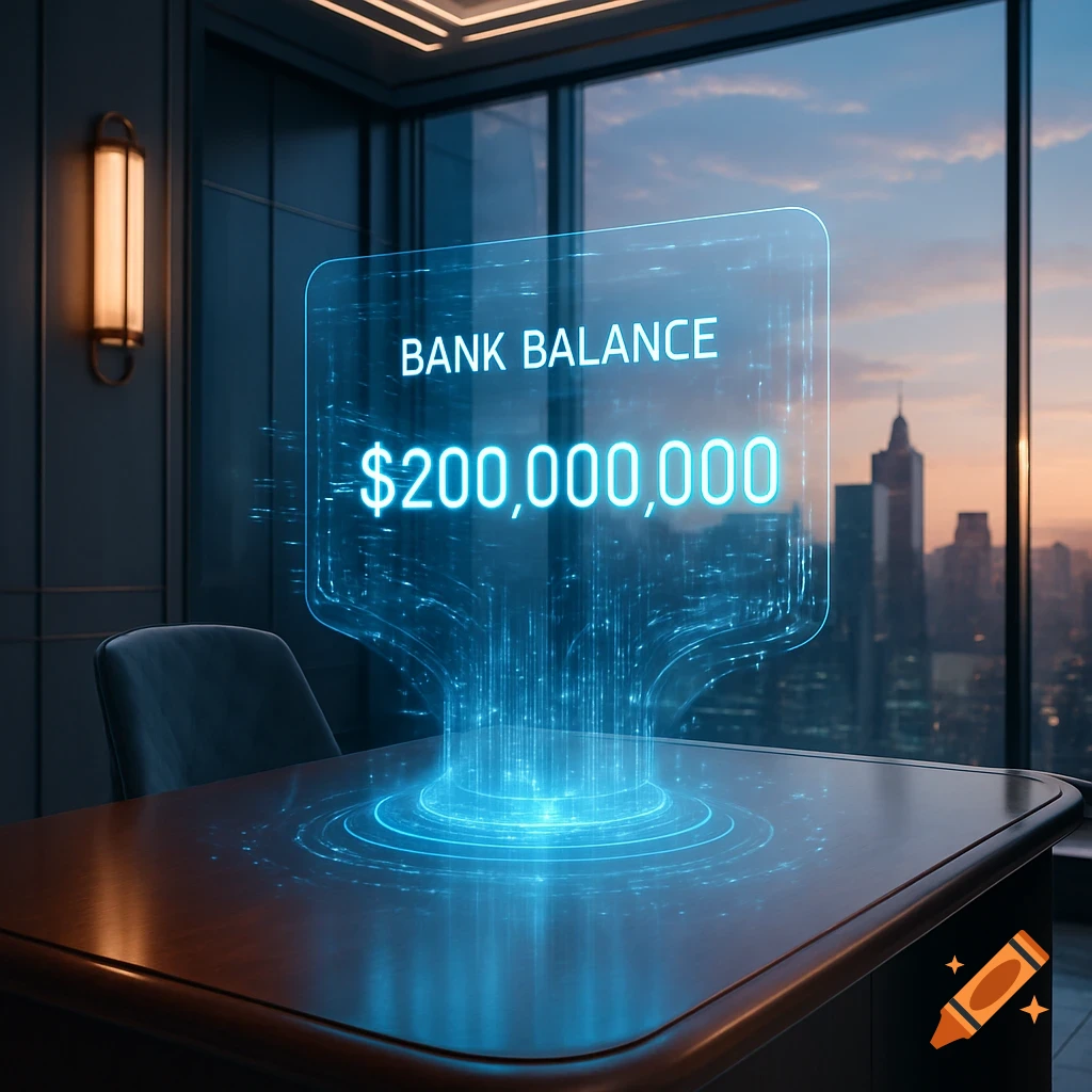 A futuristic holographic display showing a '$200,000,000' bank balance on a desk in a modern office overlooking a city at sunset.