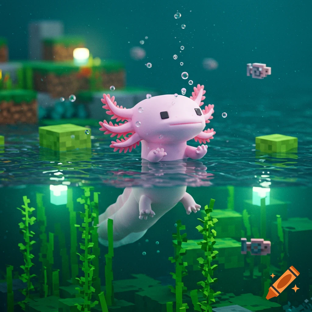 A cute pink Minecraft axolotl floats in clear water with blocky underwater terrain, green plants, and pixelated fish.