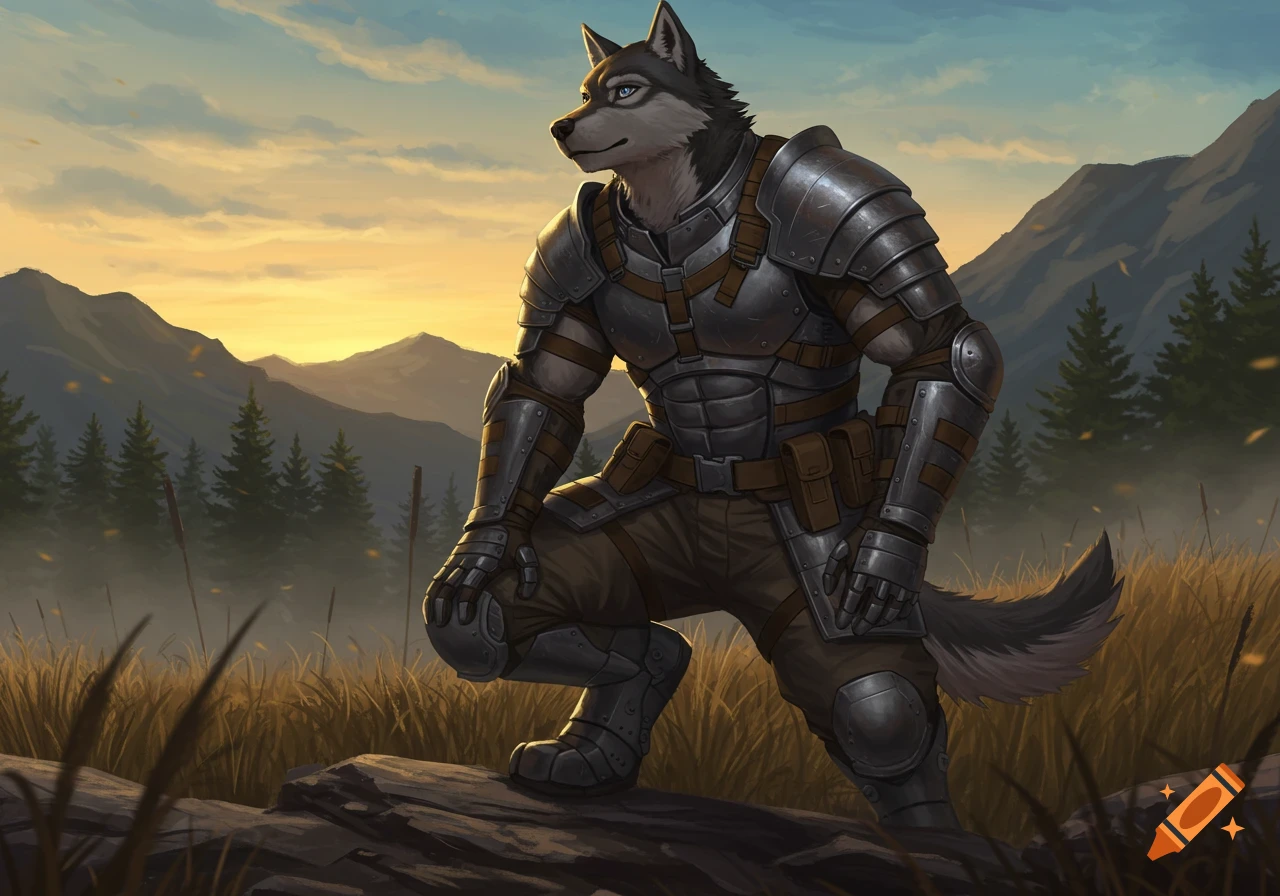 A muscular wolf furry in grey armor crouches on a log at sunset, looking left, with mountains and pine trees in the background.