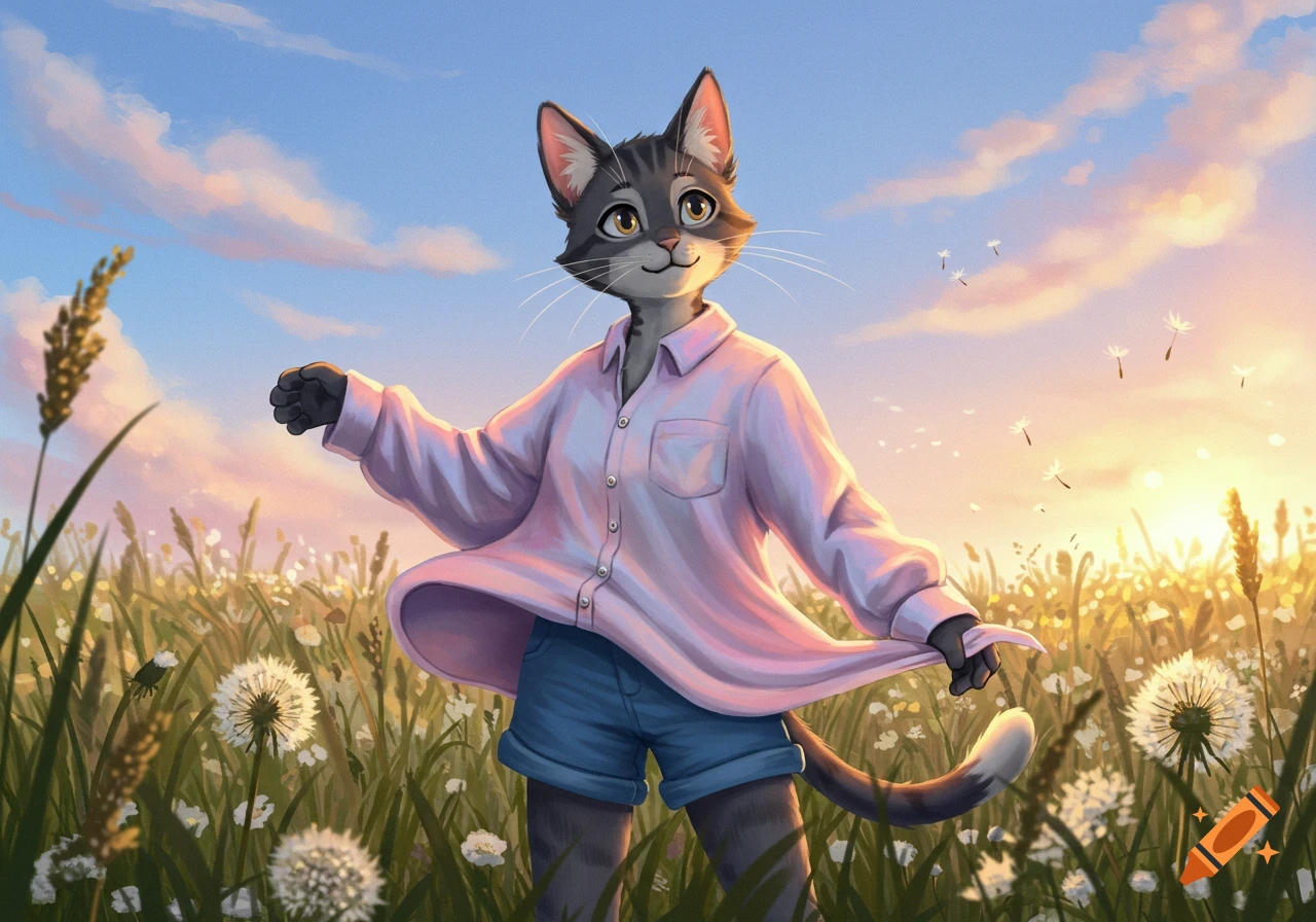 A smiling cat-girl in an oversized pink shirt and blue shorts stands in a sunlit field with dandelions under a cloudy sky.