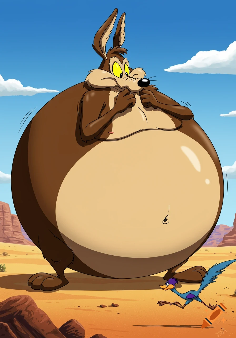 Wile E. Coyote is massively inflated like a giant brown balloon, looking down nervously at a tiny Road Runner in the desert.