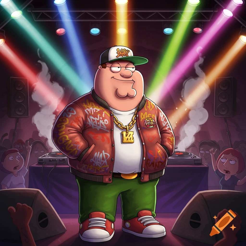 Peter Griffin as a rapper, wearing a cap, gold chain, and graffiti jacket, on a stage with colorful spotlights in cartoon style.
