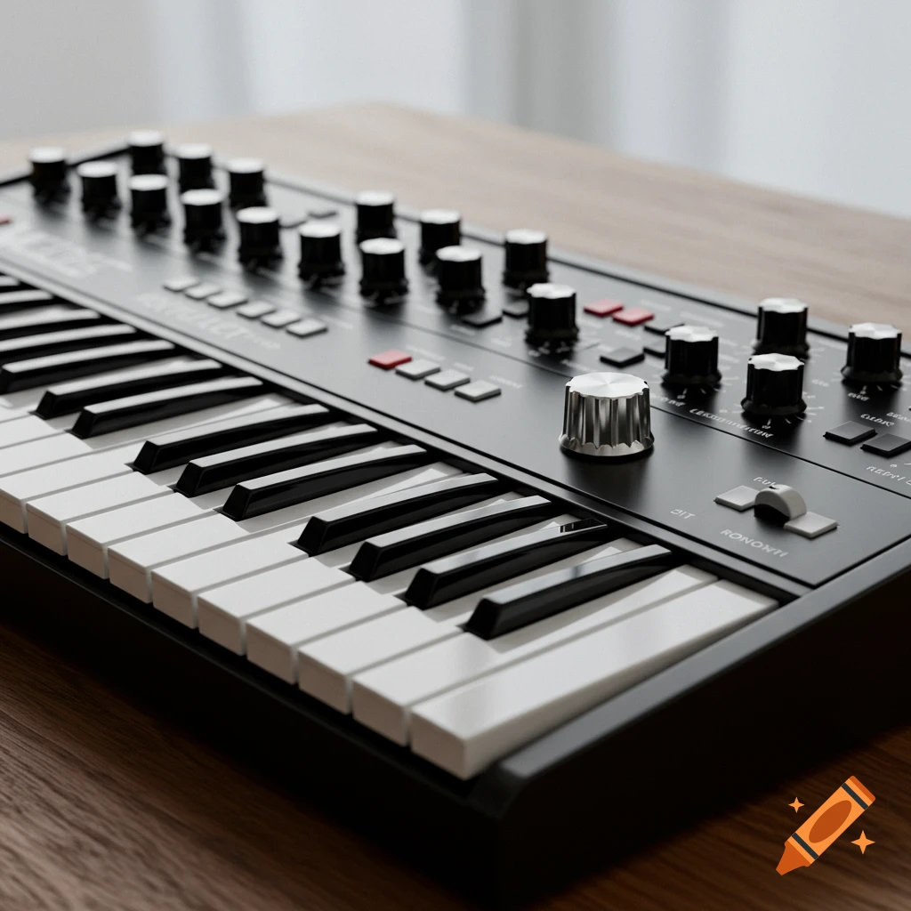 Close-up of a modern, sleek black synthesizer with white and black keys, numerous knobs, and buttons, on a wooden surface.