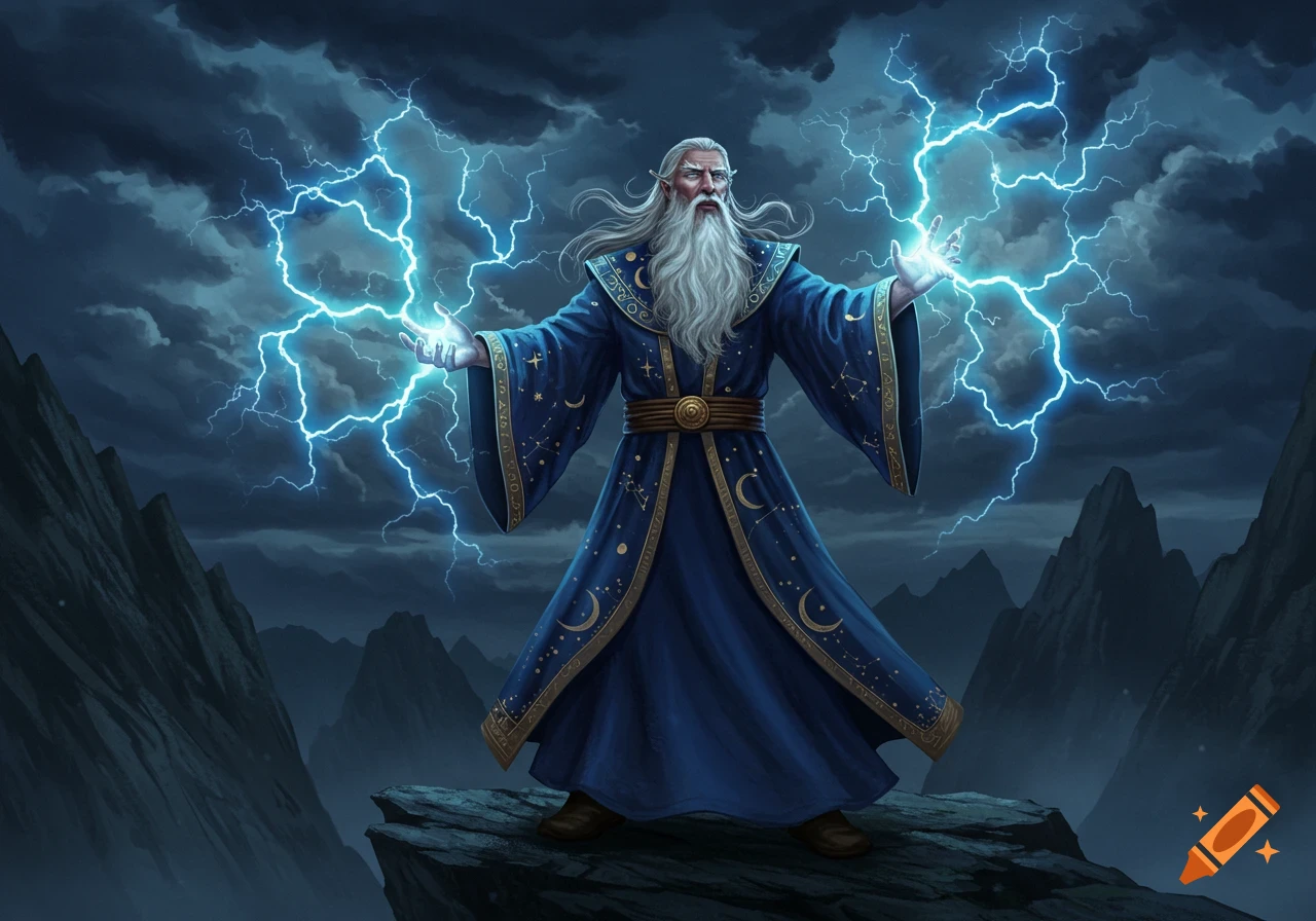 An old wizard with a long white beard, wearing a blue, star-patterned robe, stands on a cliff casting bright blue lightning from his hands under a dark, cloudy sky.