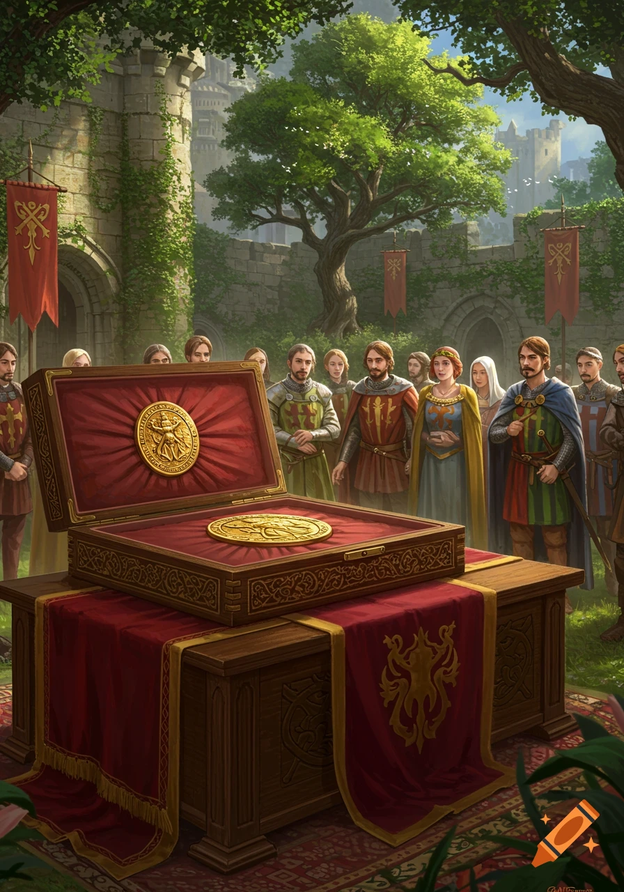 A group of medieval people gathered outdoors in front of a castle, observing an open wooden box containing a large golden medal.