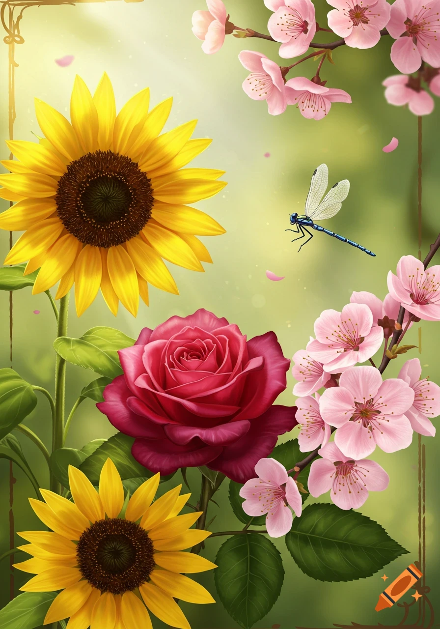 Vibrant illustration of sunflowers, a pink rose, and cherry blossoms with a dragonfly flying among them.