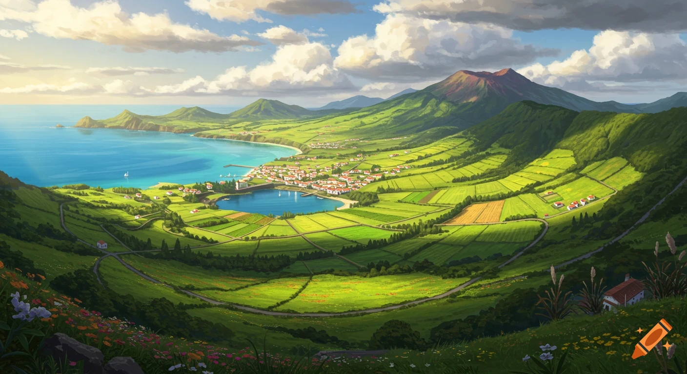 Vibrant panoramic anime landscape of a coastal village with red-roofed houses, green fields, mountains, and a blue ocean.