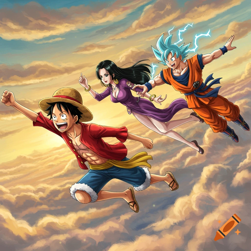 Anime characters Luffy, Boa Hancock, and Goku fly together through a bright, cloudy sky.
