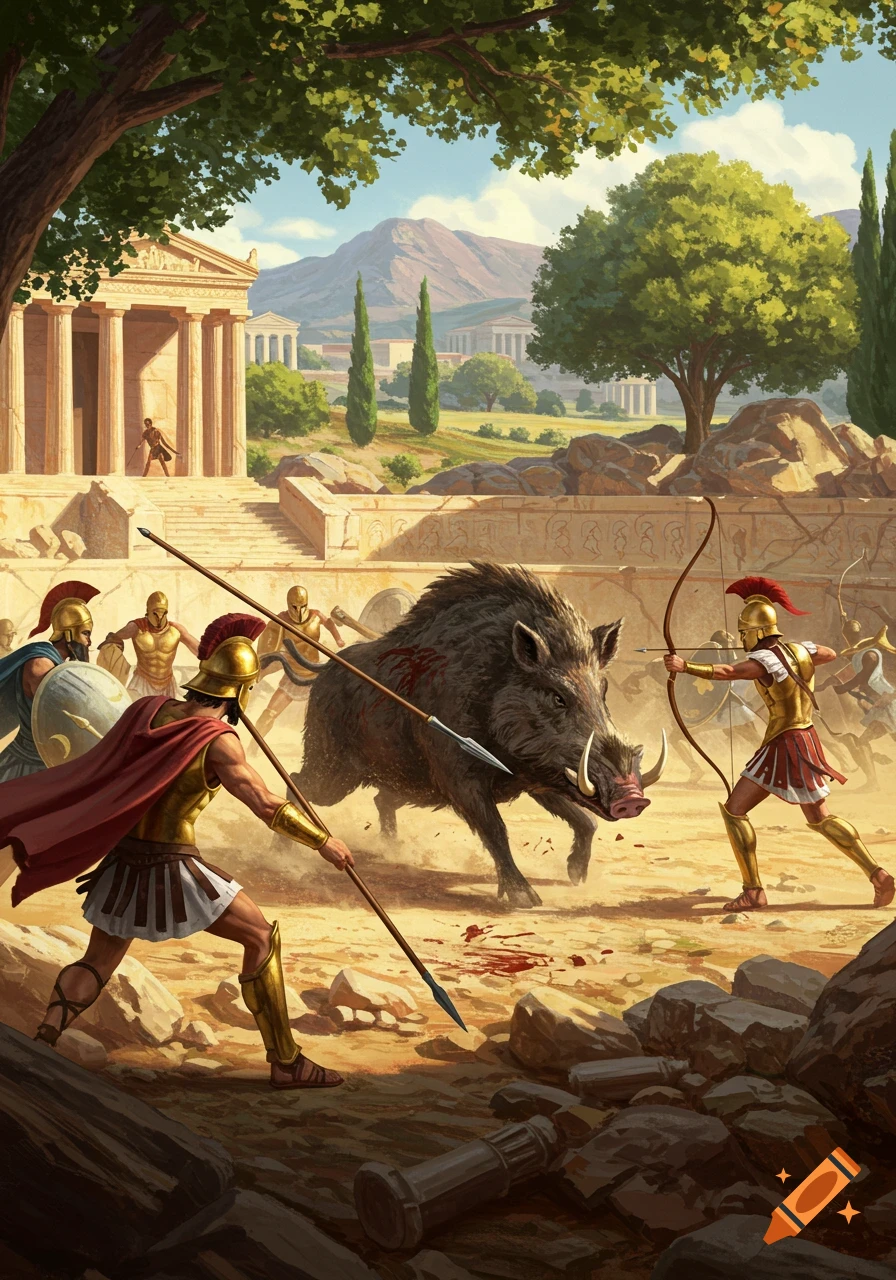 Ancient Greek warriors hunt a large boar with spears and bows amidst classical ruins in a sunny landscape, with blood on the ground.