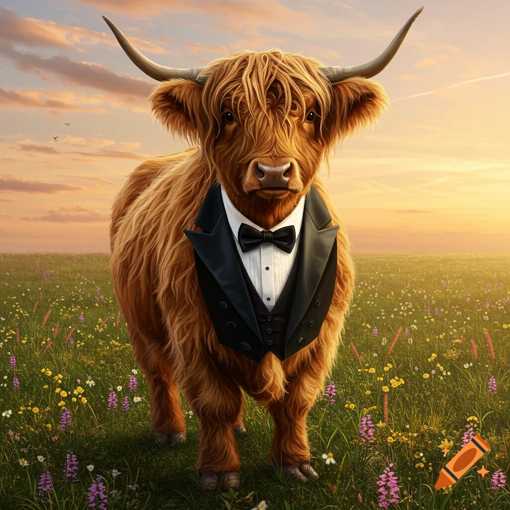 Photorealistic image of a fluffy Highland cow wearing a black tuxedo and bow tie, standing in a field of wildflowers at sunset.