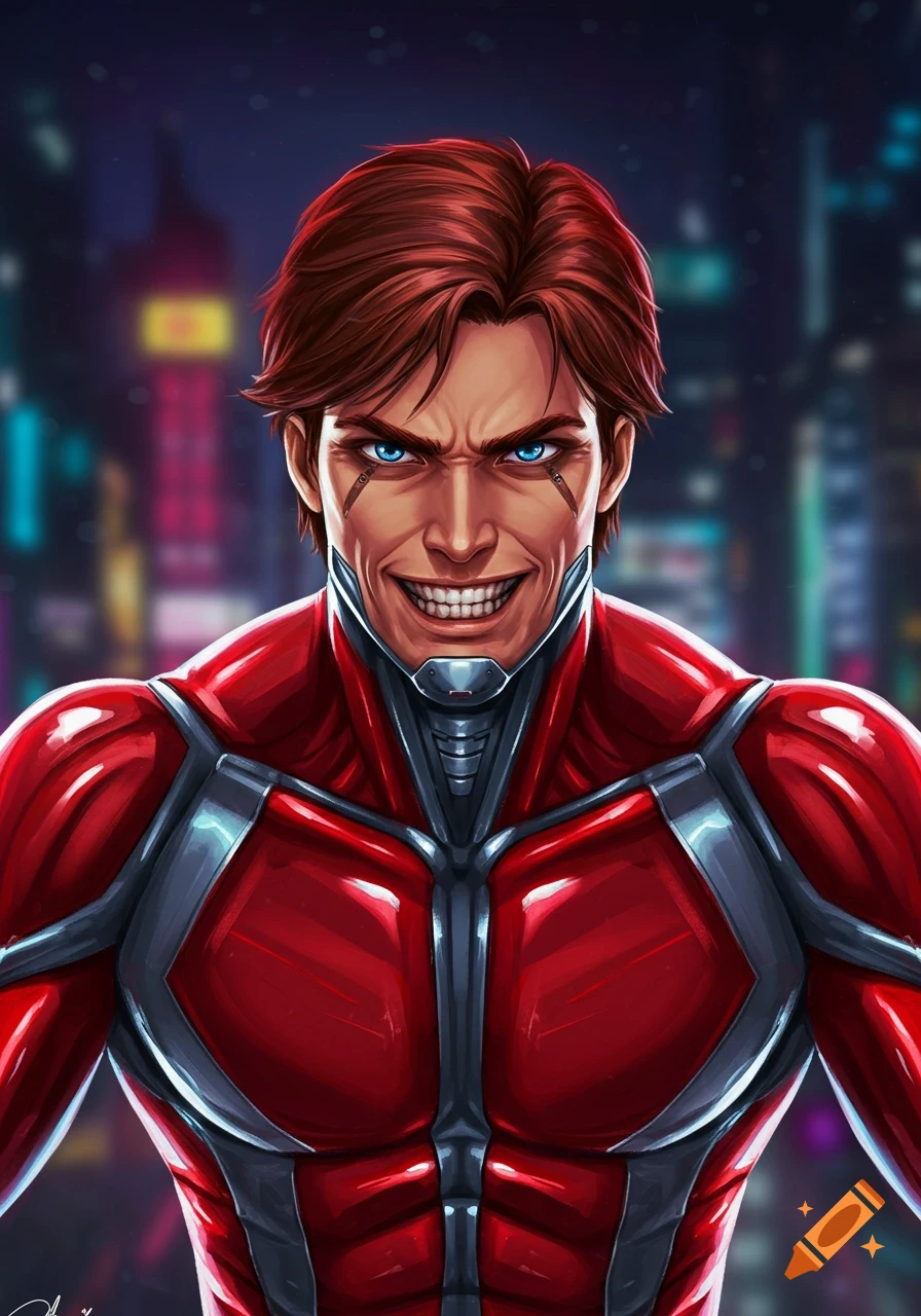 A male supervillain with brown hair, glowing blue eyes, and a manic smile, wearing a red and gray suit, against a blurred city background. Digital art.