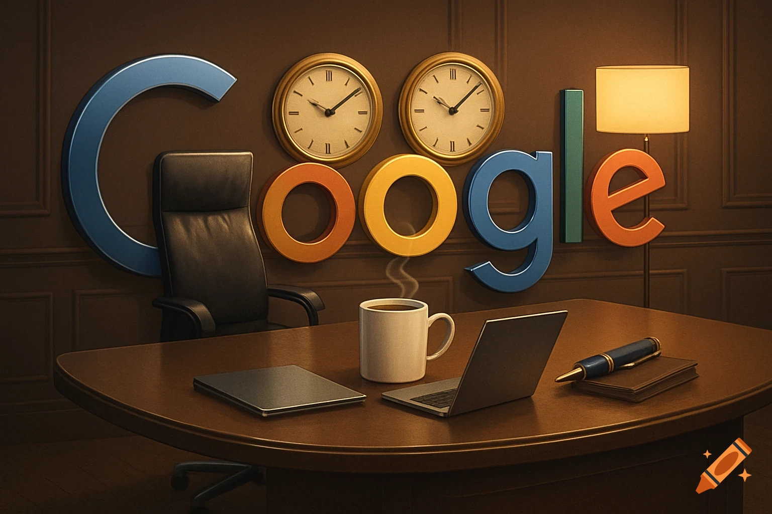 Colorful Google logo on a paneled wall in a business office with a desk, laptop, coffee, and clocks.