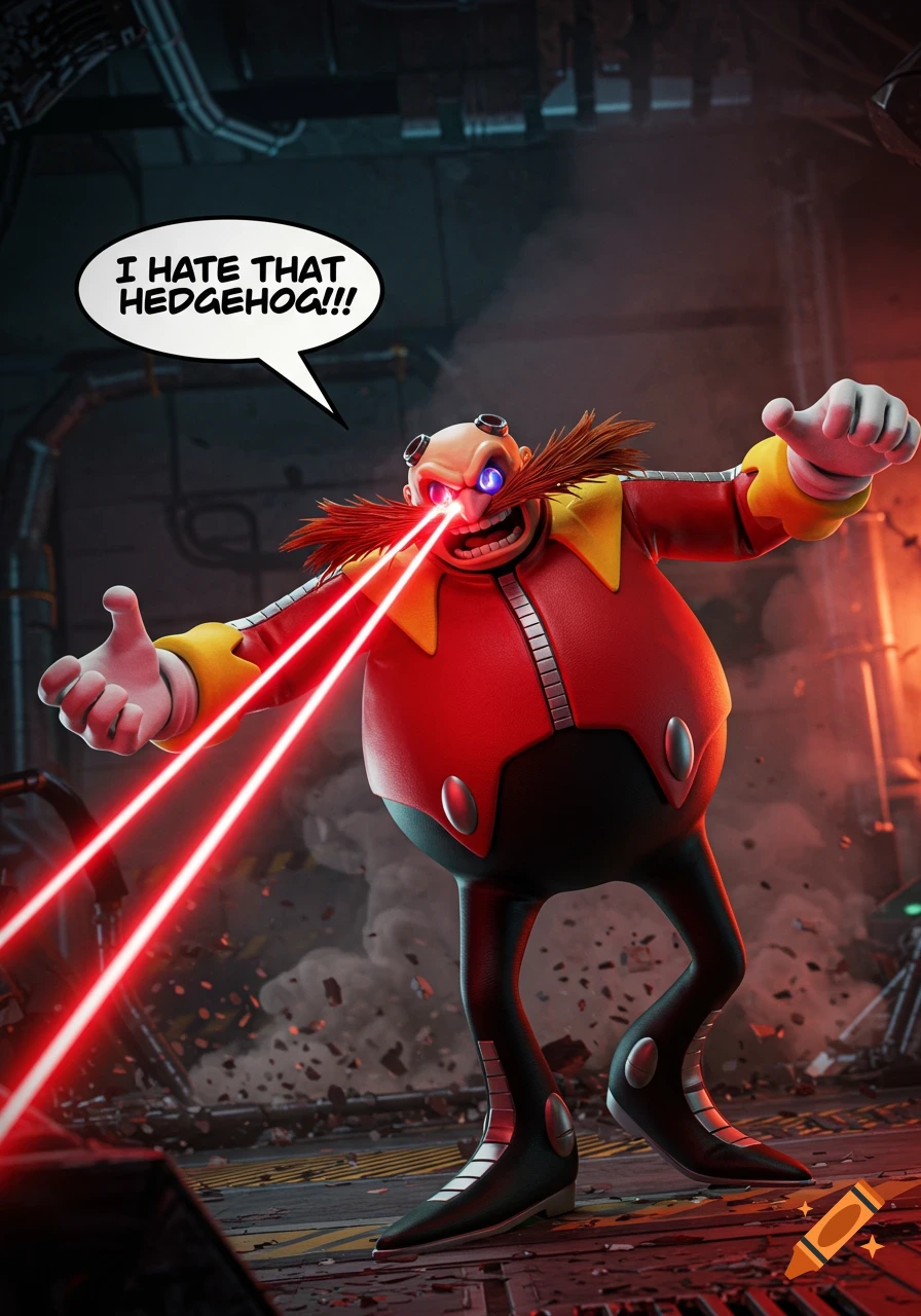Detailed 3D render of Dr. Eggman shooting red lasers from his eyes in a destroyed industrial setting with a speech bubble saying 'I HATE THAT HEDGEHOG!!!'