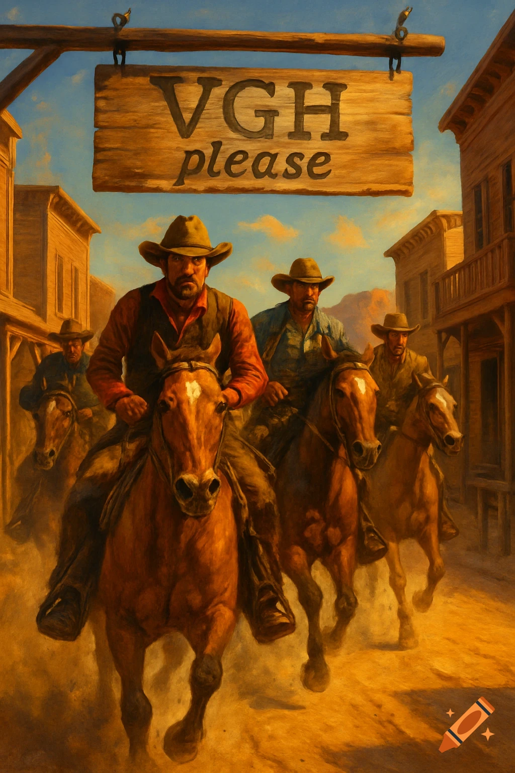 Four cowboys on horseback ride through a dusty Old West town street under a sign that reads "VGH please," in a painterly style.