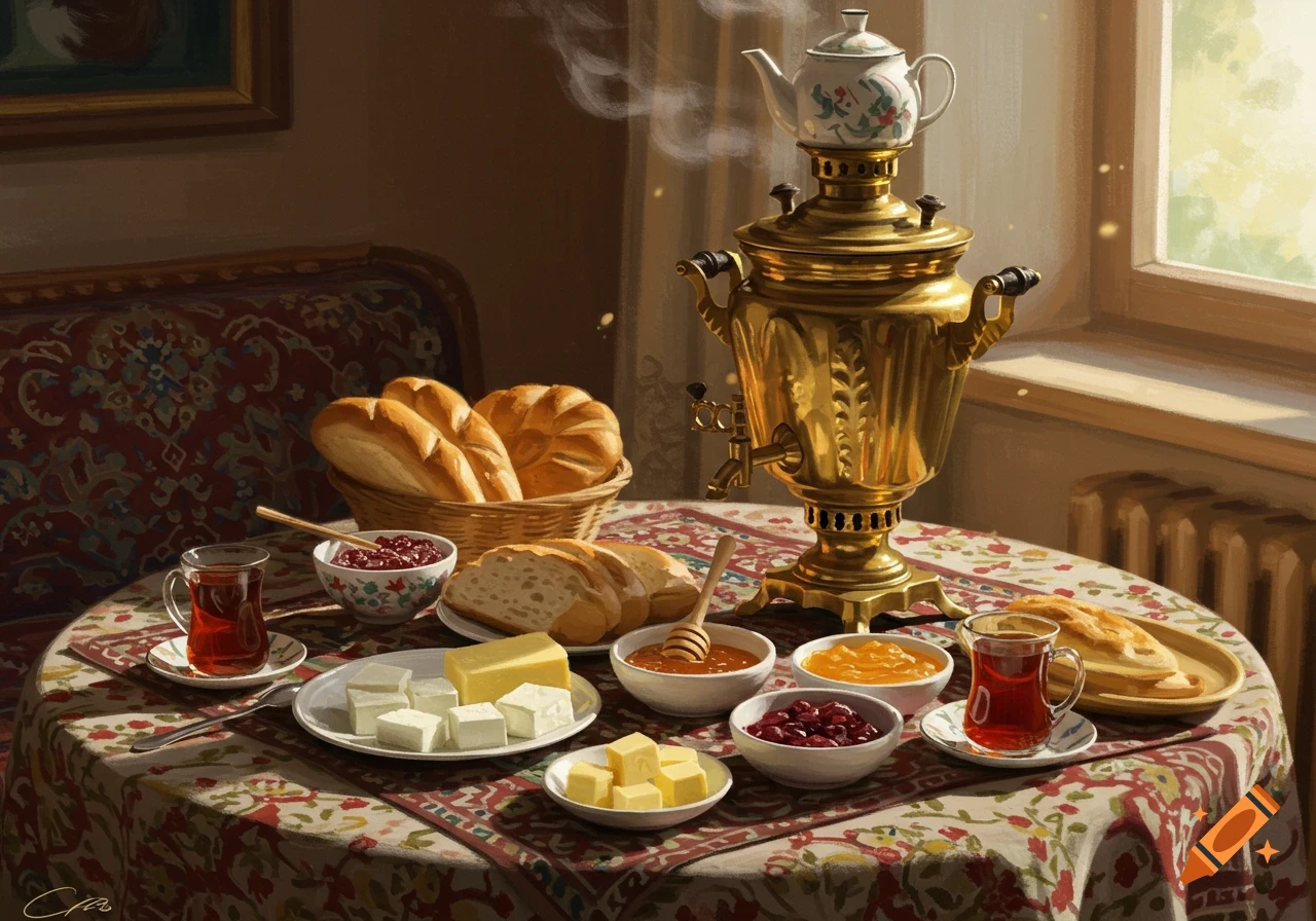A traditional samovar tea breakfast with bread, jams, and butter on a patterned tablecloth, bathed in warm sunlight from a window.