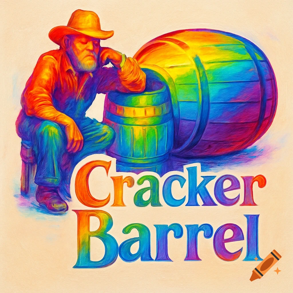 A rainbow-colored illustration of an old man in a cowboy hat leaning on a small barrel next to a large barrel, with 'Cracker Barrel' text below.