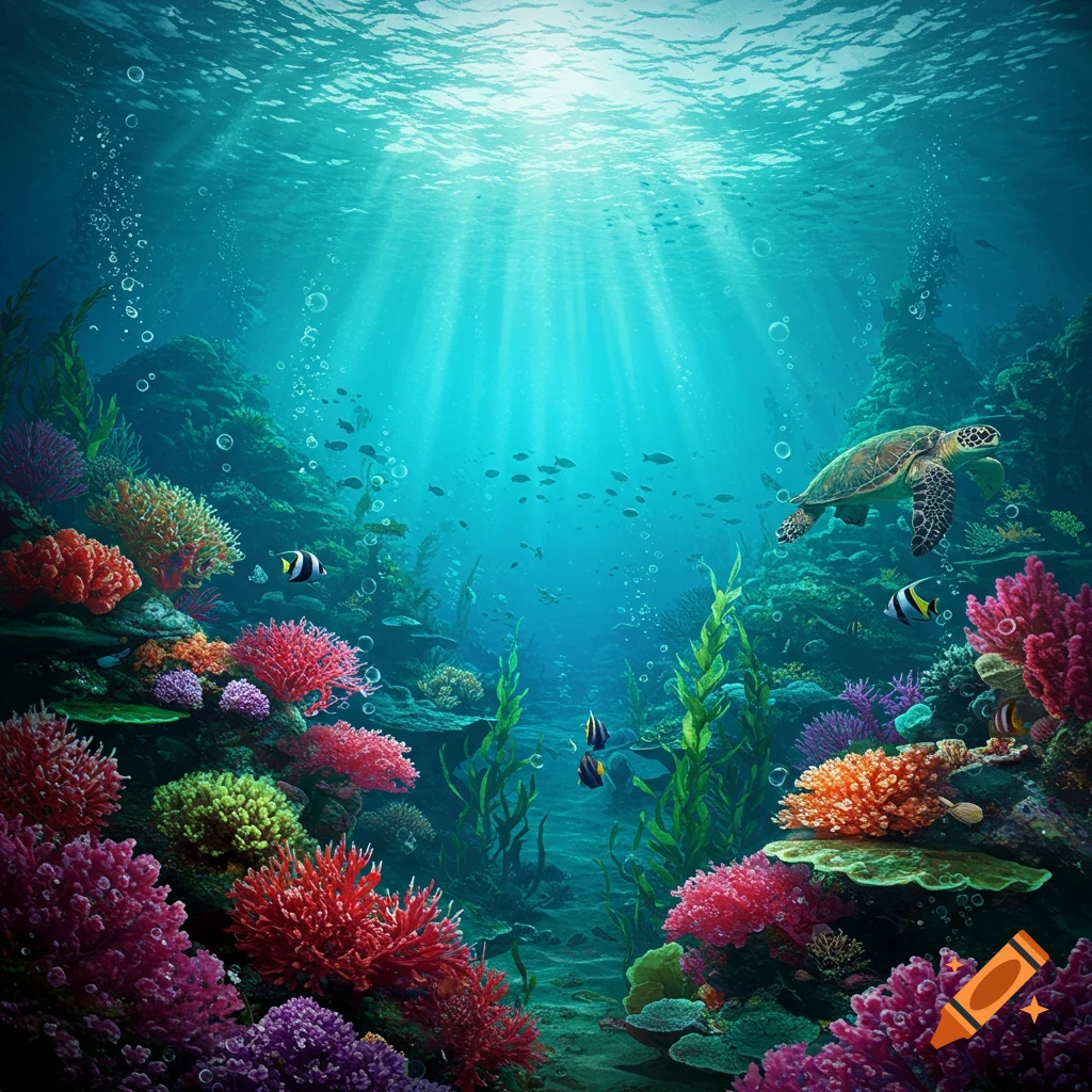 Vibrant underwater scene with colorful coral reefs, various fish, and a sea turtle swimming under sunlit water.