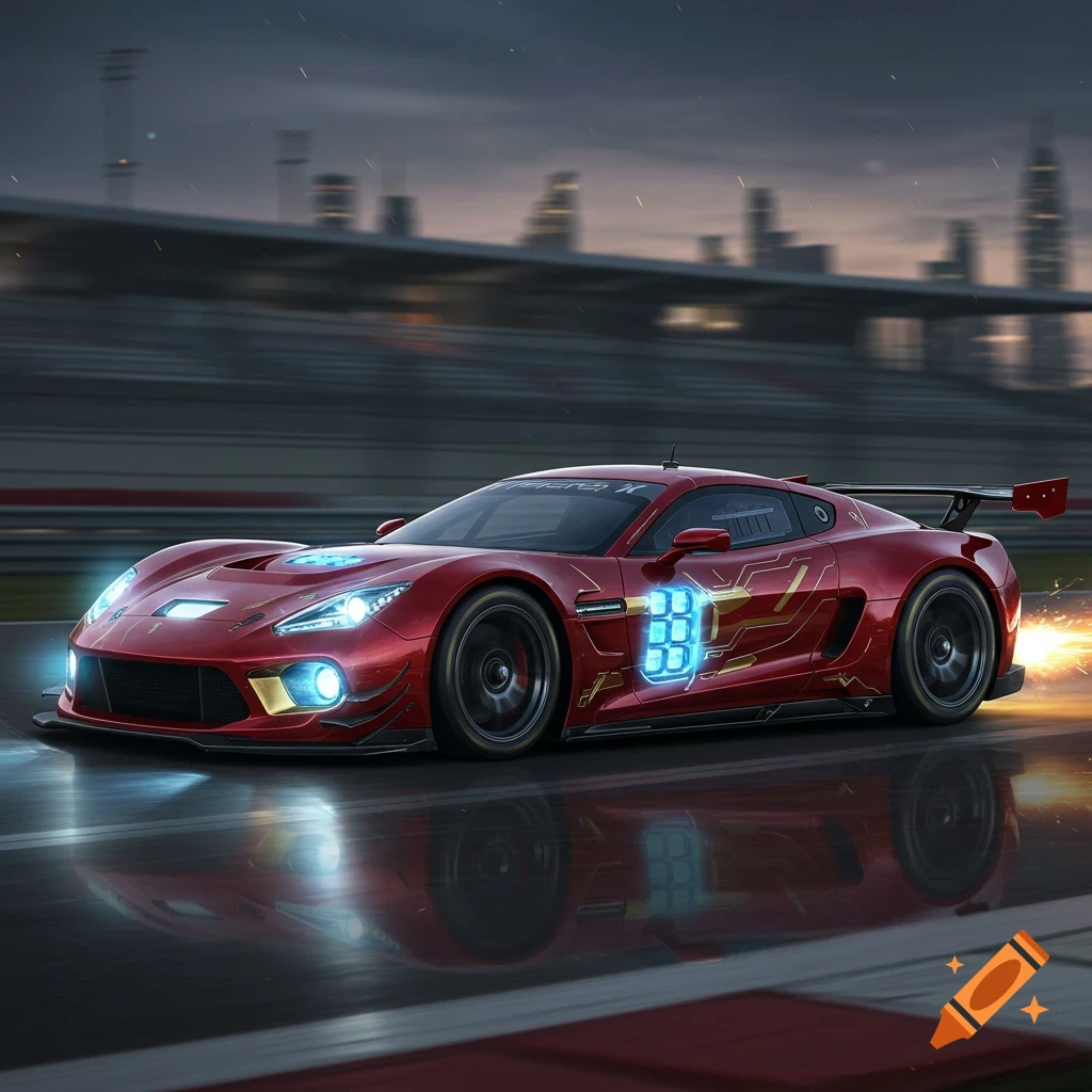 Red futuristic racecar with Iron Man armor design, glowing blue lights, on a wet track at night with a city skyline.