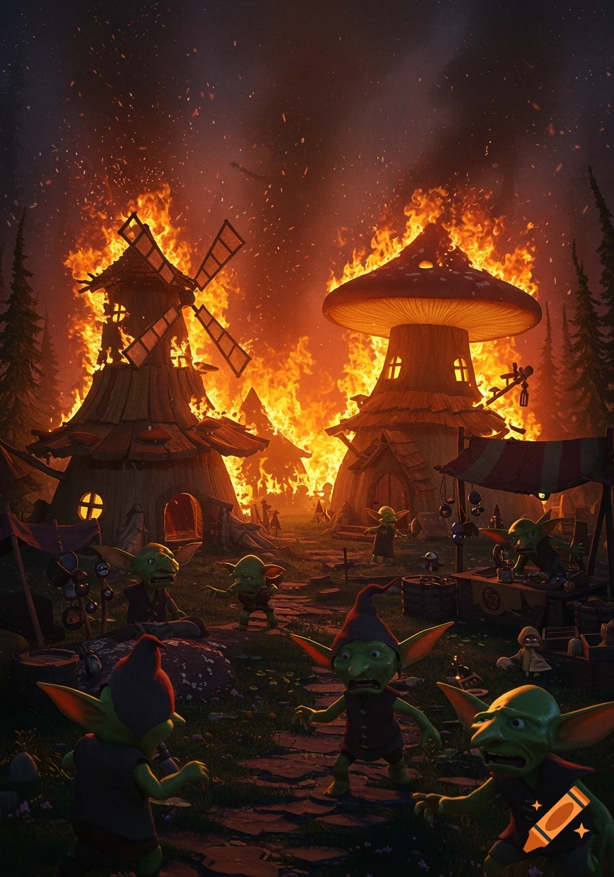A fantasy scene of a goblin village engulfed in flames, with frantic goblins amidst burning mushroom houses and a windmill.